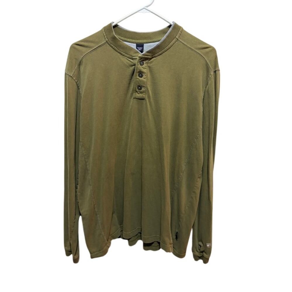 KUHL Mens Olive Green Long Sleeve Henley Shirt 3 Button Outdoor Hiking Casual
